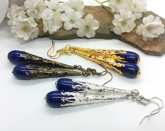 Lapis Lazuli Drop Earrings, Earrings Blue Stone, Lapis Lazuli Bronze Earrings, Filigree Gold Earrings, Blue  Earrings, Lapis Lazuli Jewelry