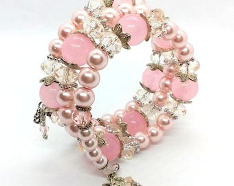 Rose Quartz Cuff Bracelet, Rose Quartz Jewelry, Pink Memory Wire Bracelet, Pink Bead Bracelet, Pink Stone Bracelet,Pink Adjustable Bracelet
