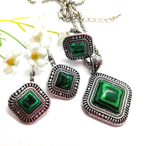 Malachite Jewelry Set, Green Stone Jewelry, Malachite Earrings, Malachite Necklace, Green Stone Jewelry Set for Women, Crystal Jewelry Set