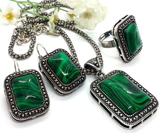 Malachite Jewelry Set, Green Stone Jewelry, Malachite Earrings, Malachite Necklace, Green Stone Jewelry Set for Woman, Malachite Jewelry