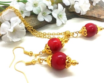 Red Coral Jewelry Set, Red Coral Gold Jewelry, Red Coral Necklace, Red Coral Earrings, Coral Jewelry Set, Red Coral, Coral Jewelry