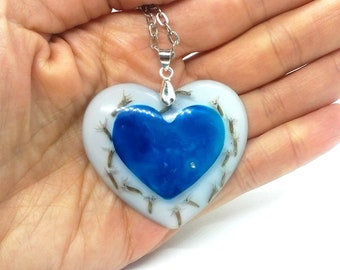 Blue Heart Necklace, Epoxy Resin Blue Heart, Blue Heart Pendant, Heart Pendant, White and Blue Heart Jewelry, Epoxy Resin Jewelry Heart