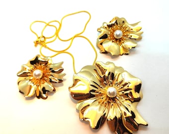 Gold Orchidee Blume Schmuck-Set, große Orchidee Halskette Ohrringe Set, Gold Metall Statement Orchidee Schmuck, Vintage Orchidee Schmuck Gold Ohrringe