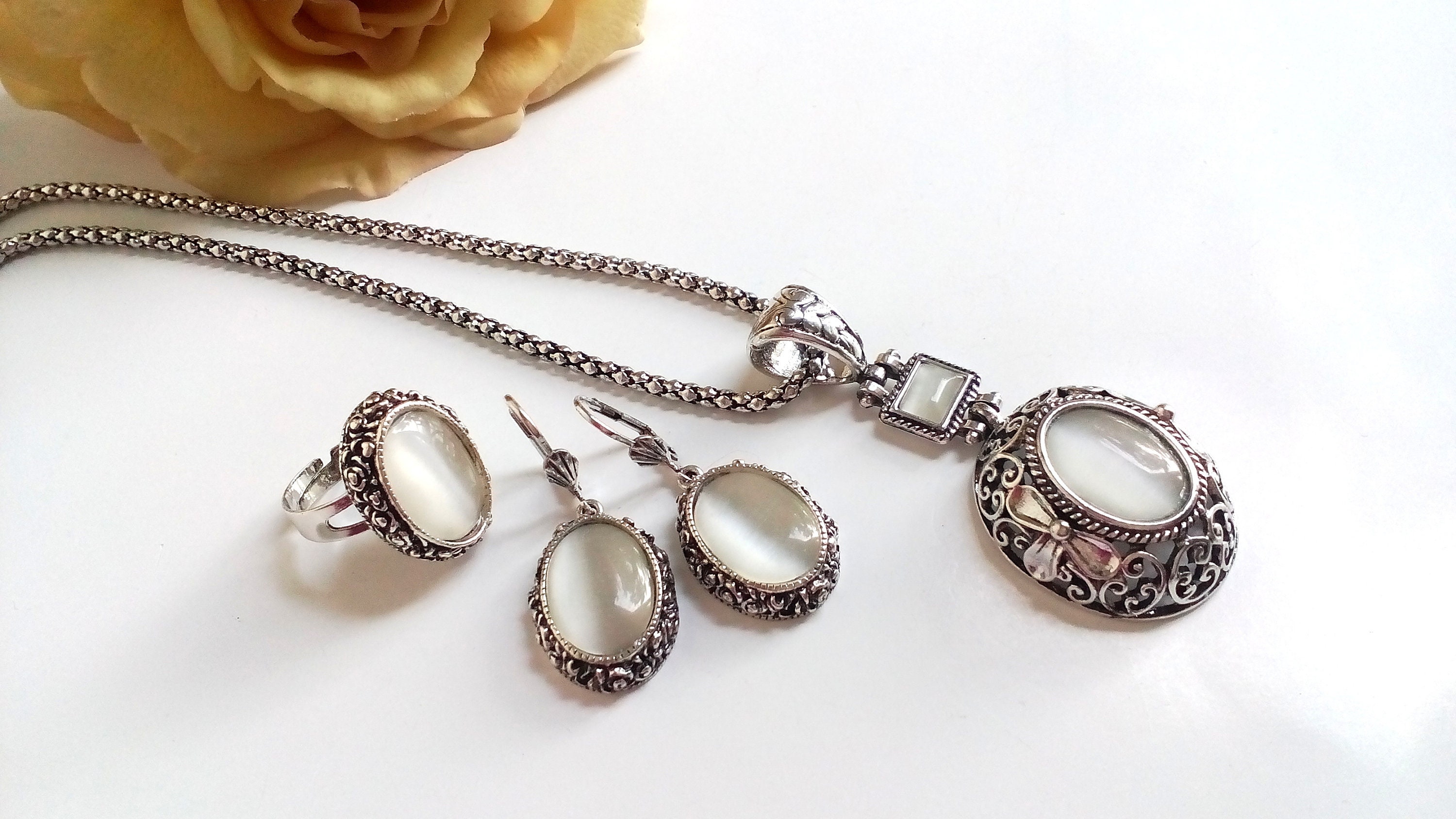 Cat Eye Jewelry Set White Jewelry Set White Cat Eye Jewelry Etsy