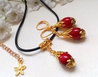 Red Howlite Jewelry Set, Red Jewelry Set, Red Stone Jewelry Set, Red Earrings, Red Necklace,Red Howlite Necklace, Red Stone Jewelry Women
