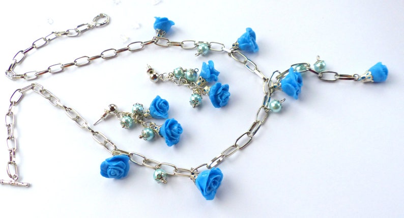 Blue Rose Jewelry Set Blue Flower Necklace Blue Gift Pearl Gift Set Blue Rose Polymer Clay Blue Rose Earrings Blue Necklace