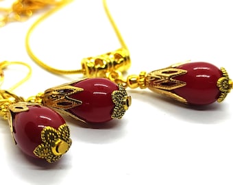 Conjunto de joyas Howlite rojas, Juego de joyas rojas, Juego de joyas de piedra roja, Pendientes rojos, Collar rojo, Collar Howlite rojo, Joyería de piedra roja Mujeres