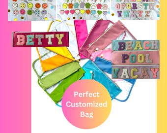Personalized Makeup Bag, Bachelorette Party Favor Bags, Nylon Bags, Bag With Chenille Patches, Glitter Letters, Patches, Varsity, Girls Trip