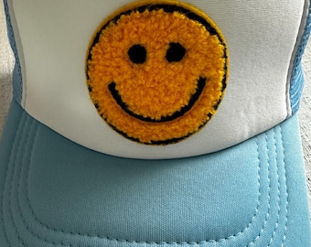Smiley Face Trucker Hat, Happy Face Hat, Party Favor Hat, Girls Trip Hat, Preppy Happy Face Trucker Hat, Chenille Smile Patch