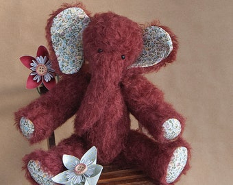 Handmade OOAK Mohair Elephant by BearTonBorough, Traditional Vintage Style Artist Bear, Burgundy Pink Red Elephant