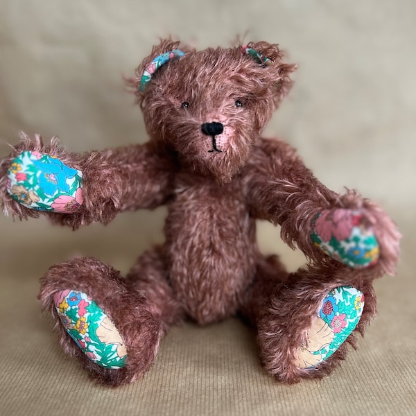 Handmade Mohair Teddy Bear by BearTonBorough, Traditional OOAK Artist Bear, Burgundy PInk Stuffed Bear
