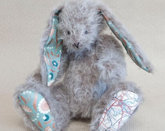 Grey Handmade Bunny Rabbit, Durham City Map Memory Bear, OOAK Artist Bear by BearTonBorough, Old Fashioned Teddy