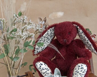 Handmade Burgundy Red Bunny Rabbit by BearTonBorough, OOAK Traditional Handmade Artist Bear, Soft Small Alpaca Mohair Rabbit
