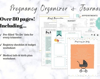 Puede incluir: Un organizador y diario de embarazo imprimible con más de 80 páginas. La portada presenta un fondo azul claro con confeti y el texto "Pregnancy Organizer + Journal" en negro. El texto "Over 80 pages! Including..." está en negro y blanco. El diario incluye listas de tareas pre-rellenadas para cada trimestre, una lista de verificación de registro y una hoja de cálculo de presupuesto, así como una hoja de información médica y un plan de parto. El diario mide 8,5 x 11 pulgadas y está disponible en formato PDF.