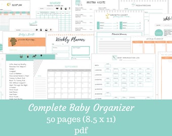 May include: A Complete Baby Organizer with 50 pages, including sections for baby's birth, doctor visits, and a weekly planner. The pages are 8.5 x 11 inches and in PDF format. The design features a teal and orange color scheme.