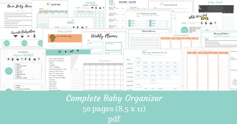 May include: A Complete Baby Organizer with 50 pages, including sections for baby's birth, doctor visits, and a weekly planner. The pages are 8.5 x 11 inches and in PDF format. The design features a teal and orange color scheme.