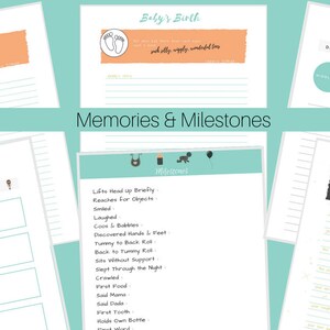 May include: A collection of baby milestone and memory pages with a teal background. The pages include spaces for dates, names, and memories. Some pages have illustrations of baby items and phrases like "Baby's Birth."