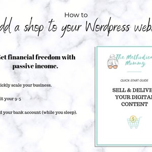 May include: A digital product guide titled "Sell & Deliver Your Digital Content" with a shopping cart icon and the text "The Methodical Mommy" in a teal and white design. The guide is 8.5 x 11 inches and is a PDF.