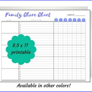 Op de afbeelding: Printbare takenlijst voor gezinnen, met een lege ruimte voor namen, taken en dagen van de week. De lijst is 8,5 x 11 inch en verkrijgbaar in andere kleuren.