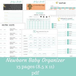 May include: A printable newborn baby organizer with 13 pages, measuring 8.5 by 11 inches. The organizer includes sections for tracking doctor visits, growth, feeding, and milestones.