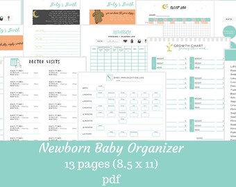 May include: A printable newborn baby organizer with 13 pages, measuring 8.5 by 11 inches. The organizer includes sections for tracking doctor visits, growth, feeding, and milestones.