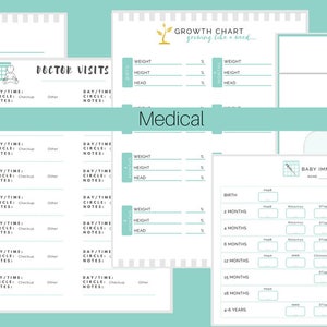 May include: A collection of printable medical forms, including a pediatrician form, doctor visit log, insurance information, and a baby immunization log. The forms are white with a light teal border and text. The word "Medical" is displayed.