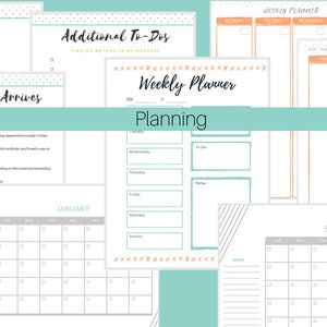 May include: A collection of printable planning pages with text such as "Planning", "Once Baby Arrives", and "Weekly Planner". The pages feature calendars, to-do lists, and weekly schedules in a minimalist design with teal and orange accents.