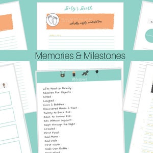 May include: A printable baby memory book with pages for recording baby's birth, favorite moments, and milestones. The pages are decorated with cute illustrations of a bear, footprints, and a moon.