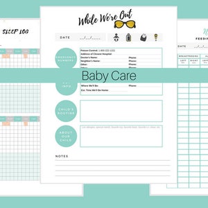 May include: Printable baby care log pages with sections for sleep, feeding, diaper changes, and emergency contact information. The pages are decorated with cute illustrations of stars, a moon, a pacifier, a diaper, and a bottle.