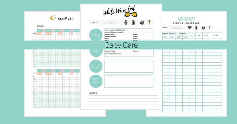 May include: Printable baby care log pages with sections for sleep, feeding, diaper changes, and emergency contact information. The pages are decorated with cute illustrations of stars, a moon, a pacifier, a diaper, and a bottle.