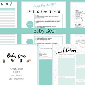May include: A collection of printable baby planning sheets on a light teal background. The sheets include checklists for diaper bags, baby gear, and thank you notes. The text "Baby Gear" is visible.