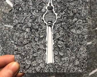 Berlin TV Tower Black and White A6 Postcard