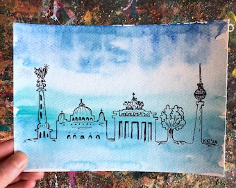 Berlin Skyline: Hand-drawn Blue Watercolor A5 Original Artwork