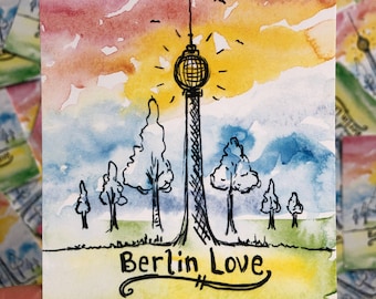 Berlin Love Watercolor TV Tower A6 Postcard Prints