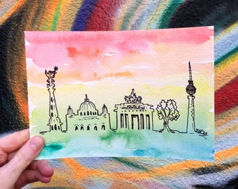 Berlin Skyline: Hand-drawn Pastel Rainbow Watercolor A5 Original Artwork