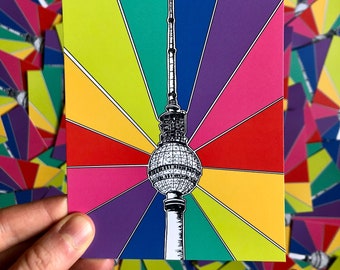 TV Tower with Rainbow Rays A6 Postcard Print