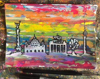 Berlin Skyline: Hand-drawn Abstract Rainbow Acrylic A5 Original Artwork
