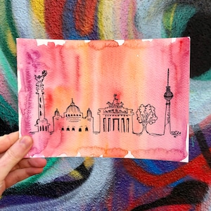 Berlin Skyline: Handgemaltes Rot Original Aquarell A5 Kunstwerk