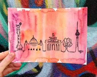 Berlin Skyline: Hand-drawn Red Watercolor A5 Original Artwork