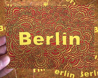 Berlin Germany Typographic A6 Postcard Red and Yellow