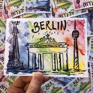 Berlin Regenbogen Aquarell Skyline Skizze A6 Postkartendruck