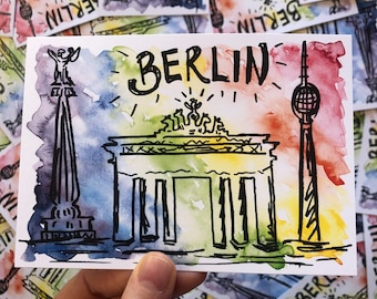 Berlin Rainbow Watercolor Skyline Sketch A6 Postcard Print