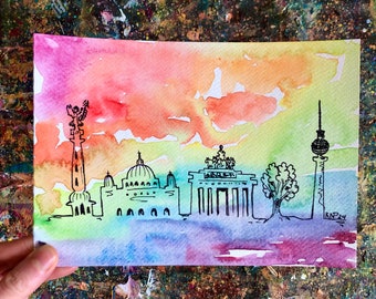 Berlin Skyline: Hand-drawn Bold Rainbow Watercolor A5 Original Artwork