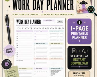 Op de afbeelding: Een printbare dagplanner met een schema van 06:00 tot 20:00 uur, secties voor taken, vergaderingen en energie-check-ins. De lay-out bevat tekstkoppen zoals The Desk Files, Today's Reward en End-of-Day Shutdown.