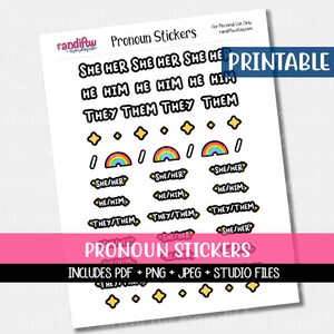 Könnte beinhalten: Druckbare Pronomen-Aufkleber mit einem Regenbogen-Design. Die Aufkleber enthalten die Wörter "Sie/Ihr", "Er/Ihm" und "Sie/Ihnen".