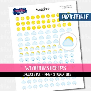 Könnte beinhalten: Druckbare Wetteraufkleber mit gelben Sonnen, blauen Wolken und Regentropfen. Der Text "Weather Stickers" und "Includes PDF + PNG + Studio Files" ist auf einem rosa Banner gedruckt.