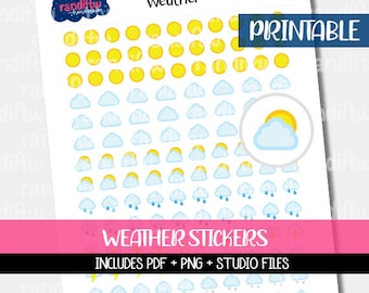 May include: Printable weather stickers featuring yellow suns, blue clouds, and rain drops. The text "Weather Stickers" and "Includes PDF + PNG + Studio Files" is printed on a pink banner.