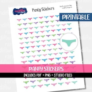 Könnte beinhalten: Druckbare Blatt mit bunten Höschen-Stickern. Das Blatt enthält 64 Sticker in verschiedenen Farben und Mustern. Der Text "Panty Stickers" ist in Pink am unteren Rand des Blattes gedruckt.