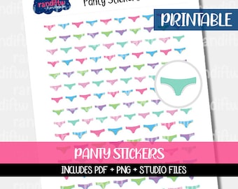Op de afbeelding: Printbare vel met kleurrijke slip-stickers. Het vel bevat 64 stickers in verschillende kleuren en patronen. De tekst "Panty Stickers" is in roze onderaan het vel gedrukt.