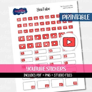 Könnte beinhalten: Druckbare Blatt mit YouTube-Stickern mit roten Play-Buttons und rechteckigen Rahmen mit gestrichelten Linien. Das Blatt enthält den Text "YouTube Stickers" und "Includes PDF + PNG + Studio Files".